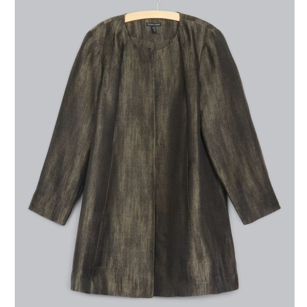 Eileen Fisher Linen Silk Herringbone Shadow Jacket Large Roundneck Swing Coat - Picture 2 of 12